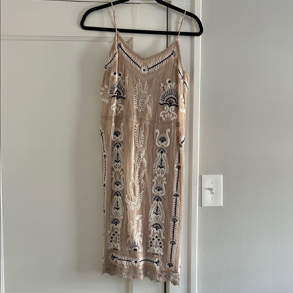Maeve Beige and Black Embroidered Midi Dress